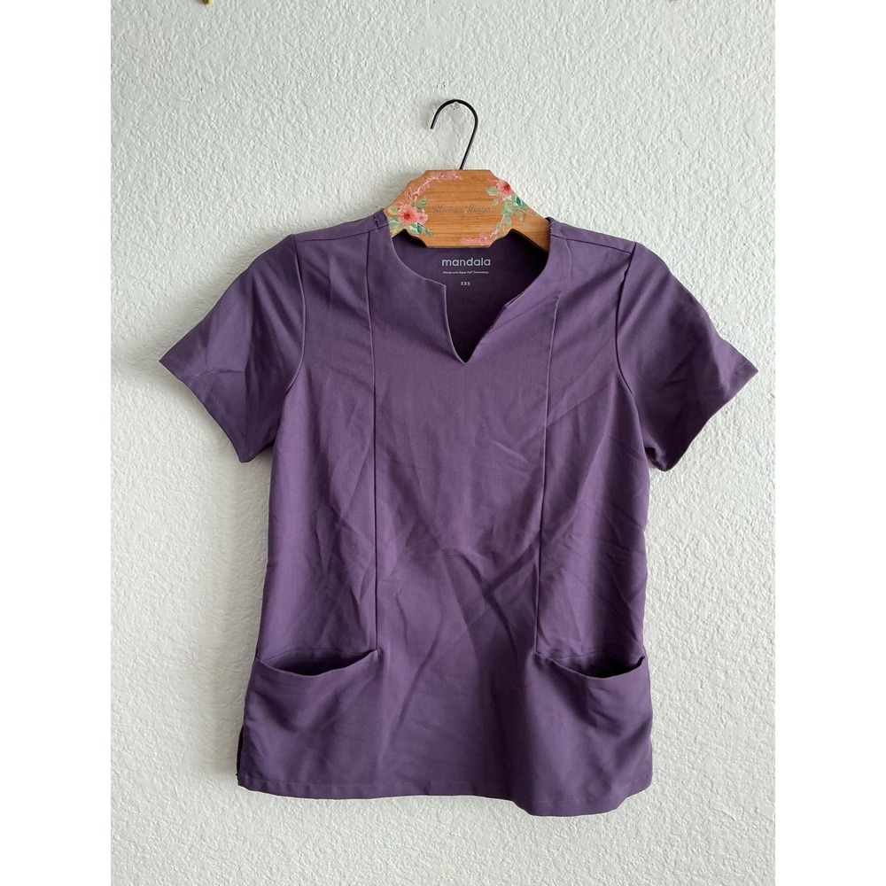 Mandala Scrub Top XXS Excellent Purple Notch Neck Equa-Tek Short Sleeve